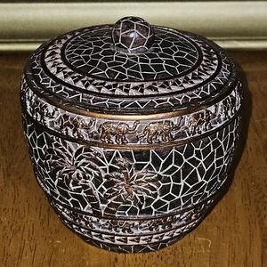 Carved Mosaic Decorative Trinket Box Featuring Elephant and Palm Tree Motifs.